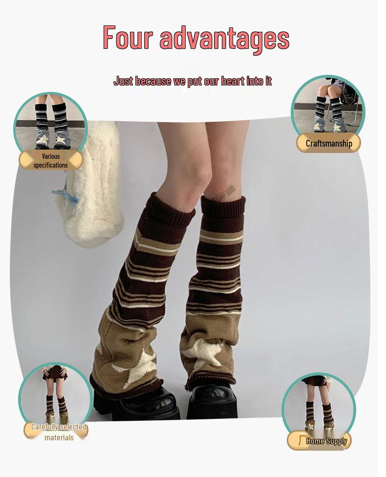 Women's Black and Gray Striped Star Leg Warmers: Knitted Slouch Socks for Spring, Autumn, and Winter - Wide-Leg, Calf, JK Style.