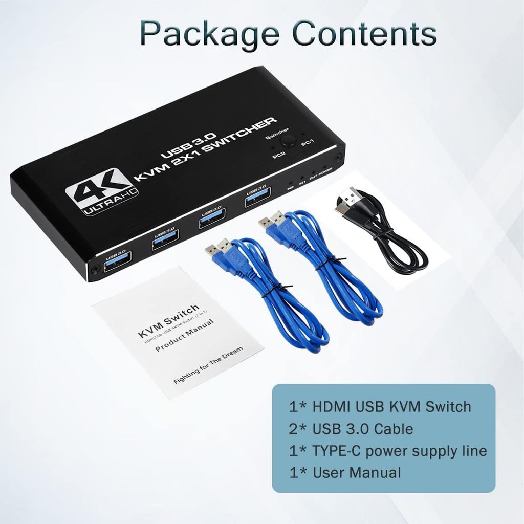 2 Port USB KVM Switch HDMI2.0b Switcher Support 2PC Computers 4 USB3.0 Ports Output Metal