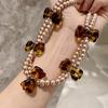 American Vintage Niche Design Pearl Neck Chain Leopard Print Bow Double Necklace Choker Women's Collarbone Chain