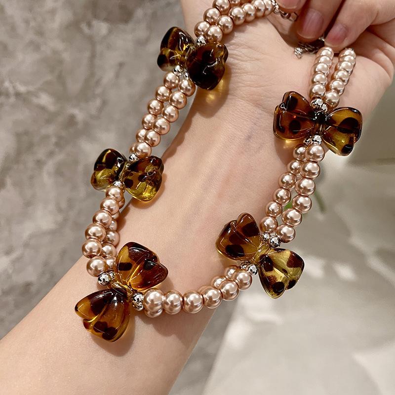 American Vintage Niche Design Pearl Neck Chain Leopard Print Bow Double Necklace Choker Women's Collarbone Chain