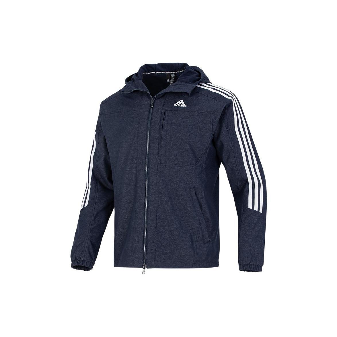 Men s adidas Classic Logo Printing Zipper Hooded Jacket Navy Blue HM2721 M
