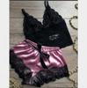 2PcsSet Women'S Pajamas Underwear Sexy Silk Satin Lingerie Women'S Sexy Lace Halter Top Shorts Pajamas Set