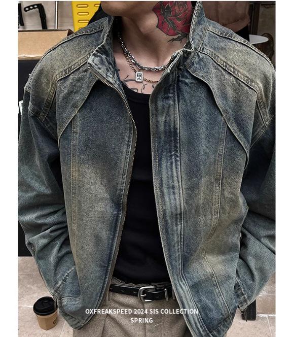 Men s American Retro Washed Denim Jacket - Heavyweight, Loose Fit, Trendy, Casual, Spring Zipper Workwear XXXL синий