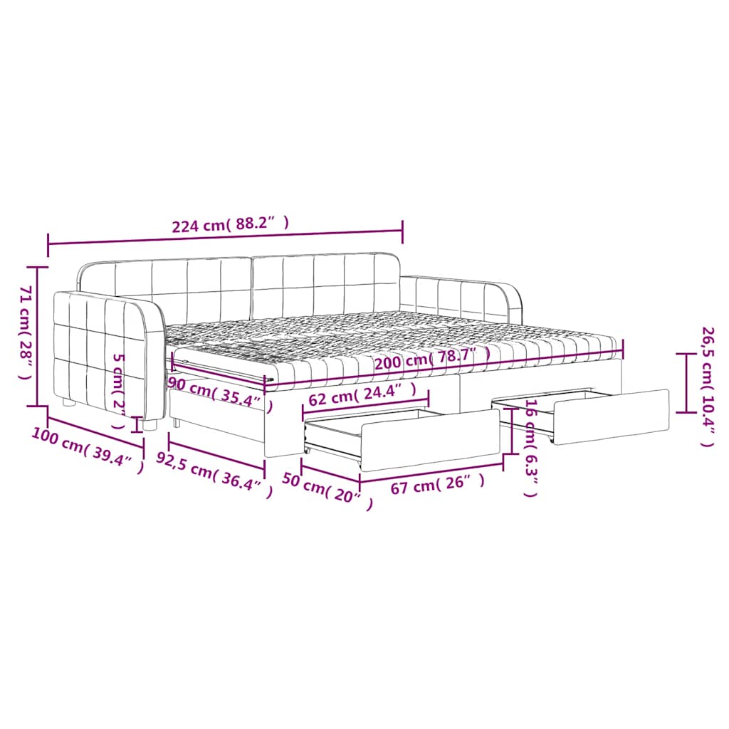 Daybed Pull out with Drawers Pink 90x200 cm Velvet