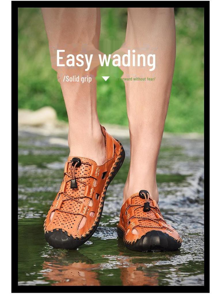Atmungsaktive Sommer-Strandsandalen 2024 aus echtem Leder für Herren – weiche Sohle, hohles Design.