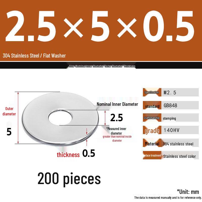 304 Stainless Steel Thickened Flat Washer Set, Sizes 2-36