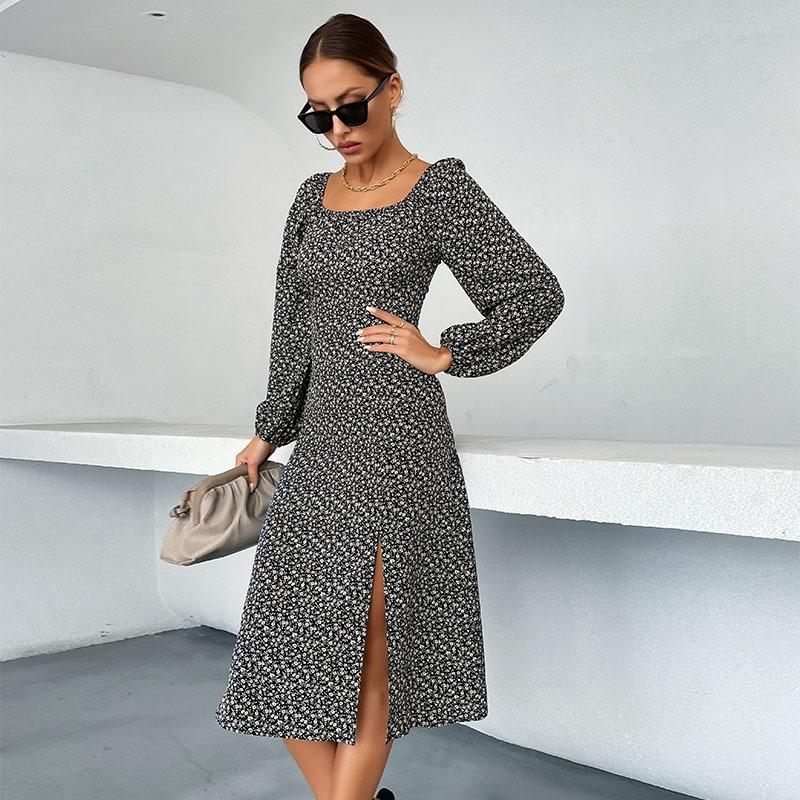 

Темперамент и элегантность верхняя одежда мода женские длинные рукава цветочные квадратный вырез французское платье женщины осень XL чёрный