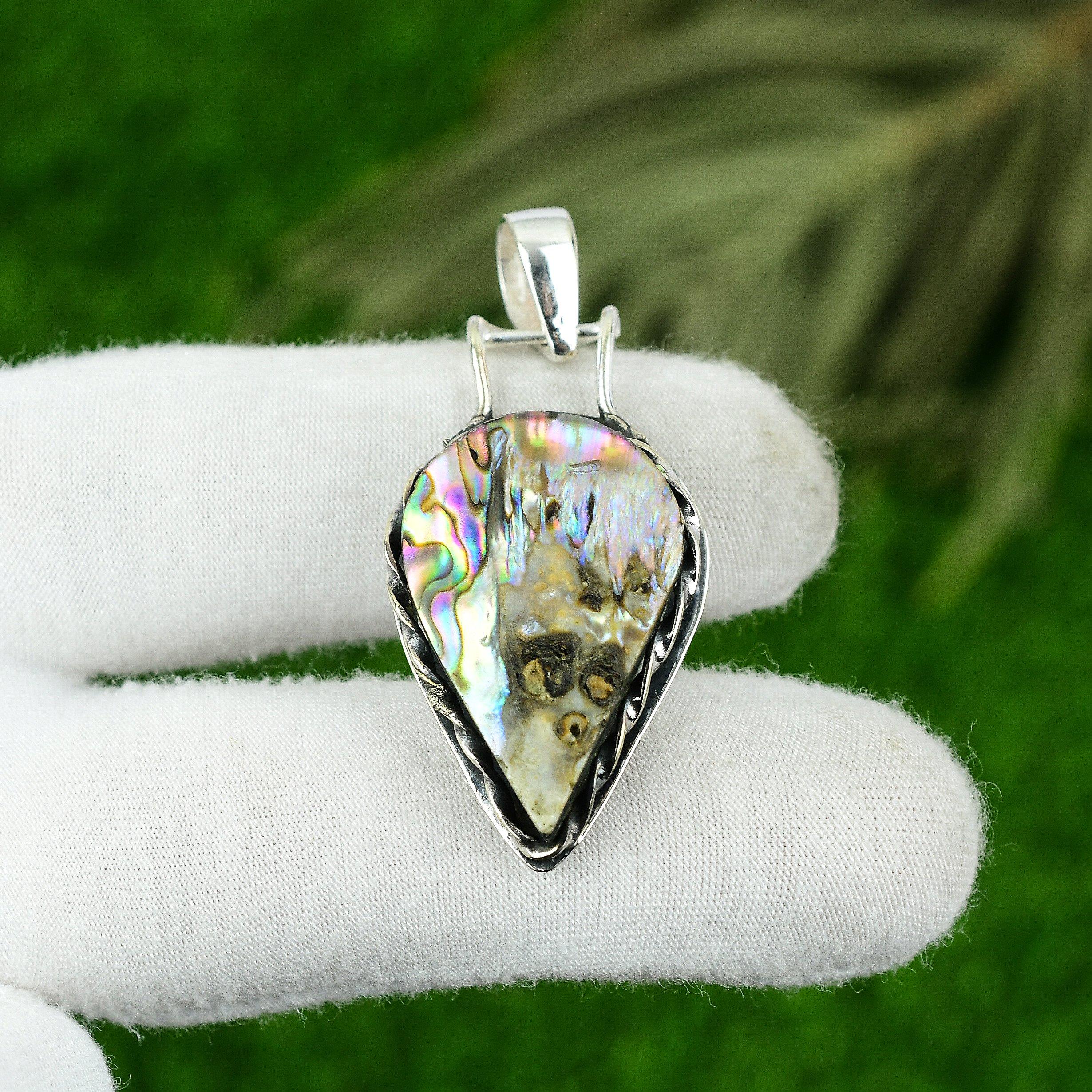 

925 Sterling Silver Abalone Shell Stone Bezel Elegant Wedding Pendant Jewelry