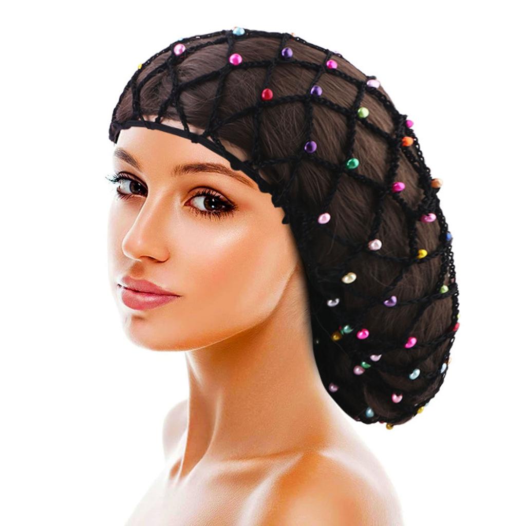 Mesh Hair Net Polyester Knit Snoods Crocheted Sleep Cap with Faux Pearls Decoration Fashionable Head Cover for Women