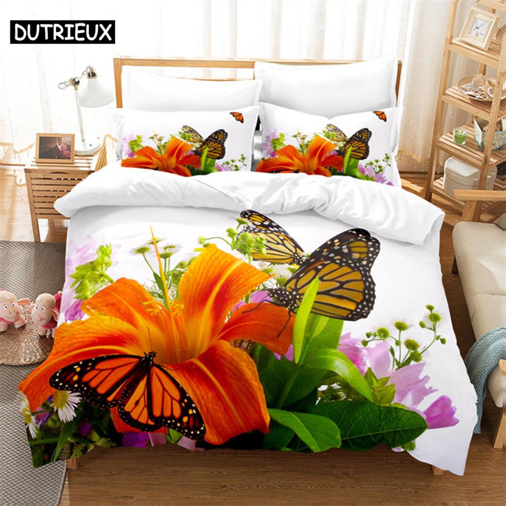Kwiaty Motyle Zestaw Pościeli na Łóżko Królewskie Poszewka na Kołdrę Pokrowiec na Kołdrę do Pokoju Dziecięcego Zestaw Pościeli Poszewka na Kołdrę Rozmiar Królewski Zestawy Pościeli