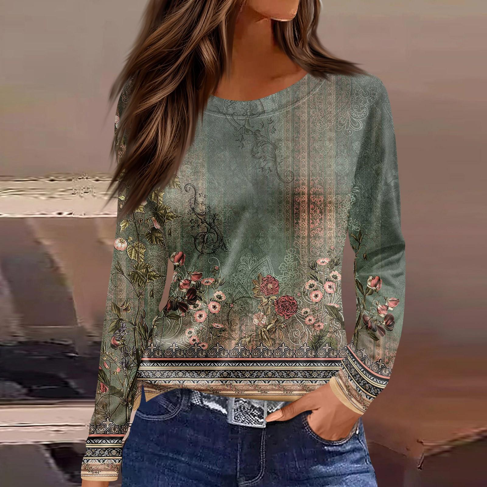 

Жіноча модна повсякденна футболка з розрізом і круглим вирізом з довгим рукавом і принтом. XXXL