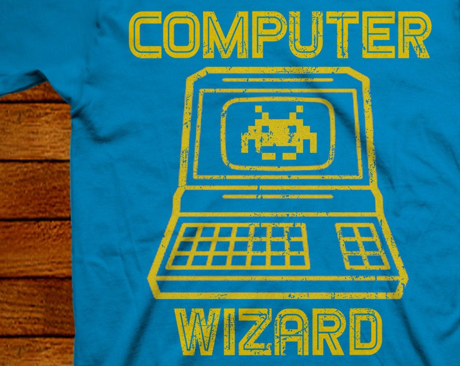 Retro Computer Wizard T shirt: 80s Style Cotton Tee 4XL