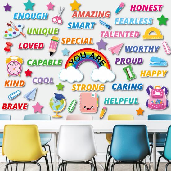 88Pcs/Set Back To School Bulletin Board Decoration Rainbow Book Pencil Notebook Letter Wall Sticker Welcome Party Blackboard Background Decor