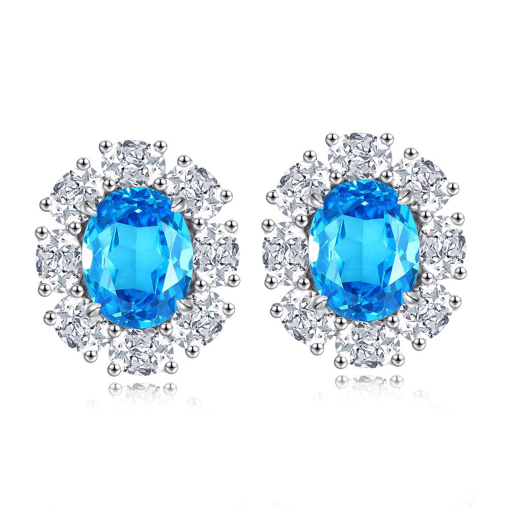 Boucles d'oreilles Nine Beauty en argent sterling S925 pour femmes avec topaze bleu marine et détails en diamant à haute teneur en carbone