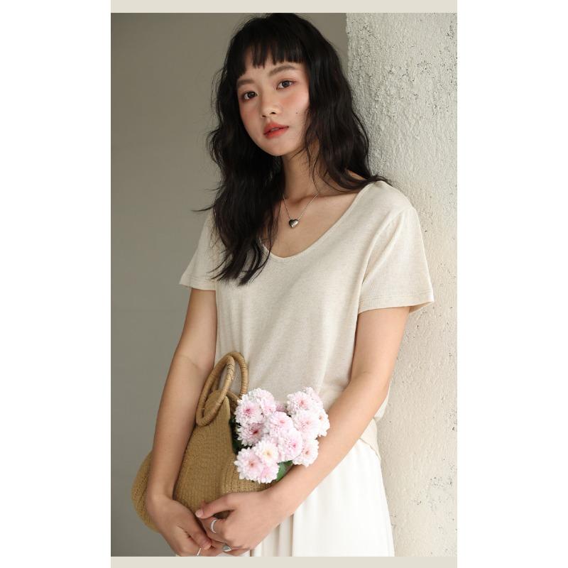 New Spring and Summer Silk Bottoming Shirt Women's Lyocell Goose Egg Neck Short Sleeve Top