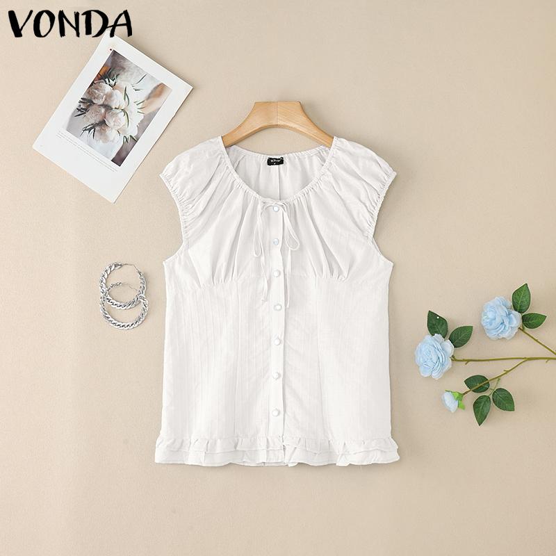 

VONDA Women Casual Sleeveless Ruffled Buttons Up Semi-Sheer Tops Shirts S белый