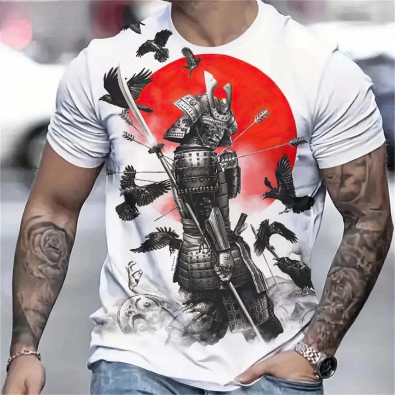 Camiseta de Samurái Japonés Impresa en 3D para Hombre Camisetas con Patrón de Personalidad Moda de Verano Cuello Red Tops Sueltos de Calle Camisetas de Manga Corta