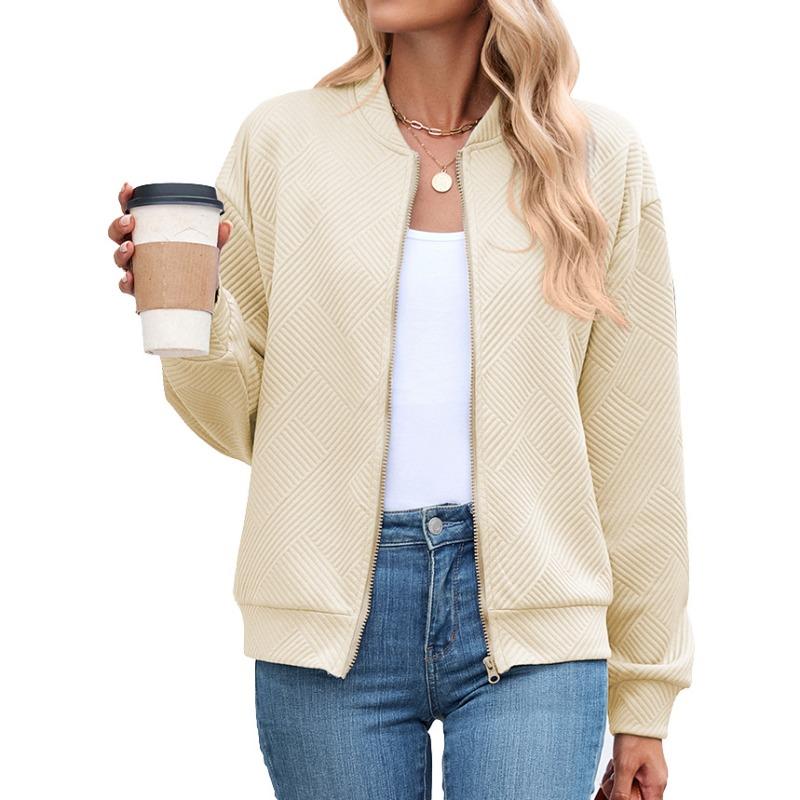 Spring Women's Short Jacket Solid Color Round Neck Zipper Loose Long-sleeved Sweater Baseball Uniform