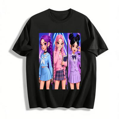 Cute Cool Anime School Girls Print Tops Trendy Personalized Cartoon Character Pattern Casual Tees Pure Cotton T-shirt