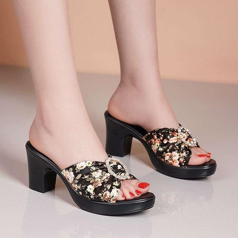 Thick-heeled Sandals and Slippers Summer Casual High-heeled One-word Drag Fashion Women s Sandals 35 чёрный