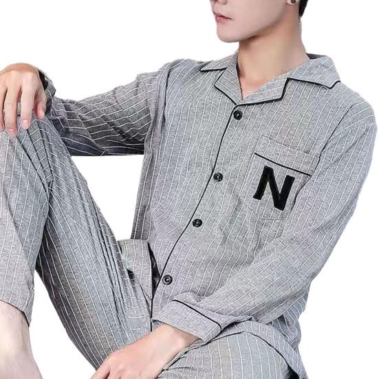 2 Pcs/Set Men Fall Winter Pajamas Set Striped Turn-down Collar Color Matching Single-breasted Loose Wide Leg Elastic Waist Homewear Shirt Trousers