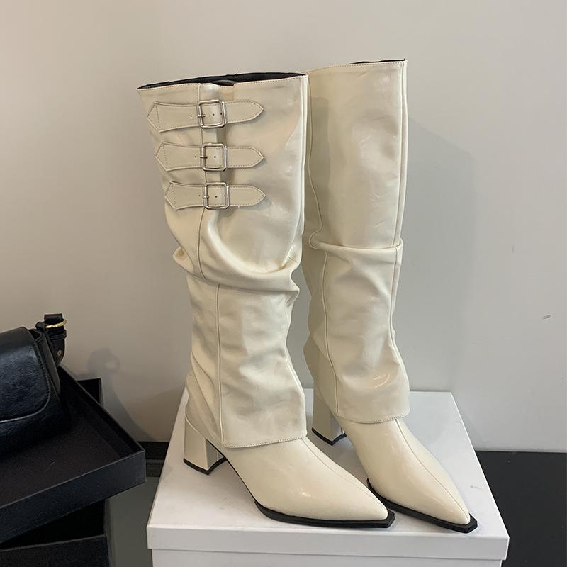 Mi Ting retro pointed Spice Girl style high-heeled boots for women s 2025 autumn and winter new two-wear thick-heeled pleated piled boots 35