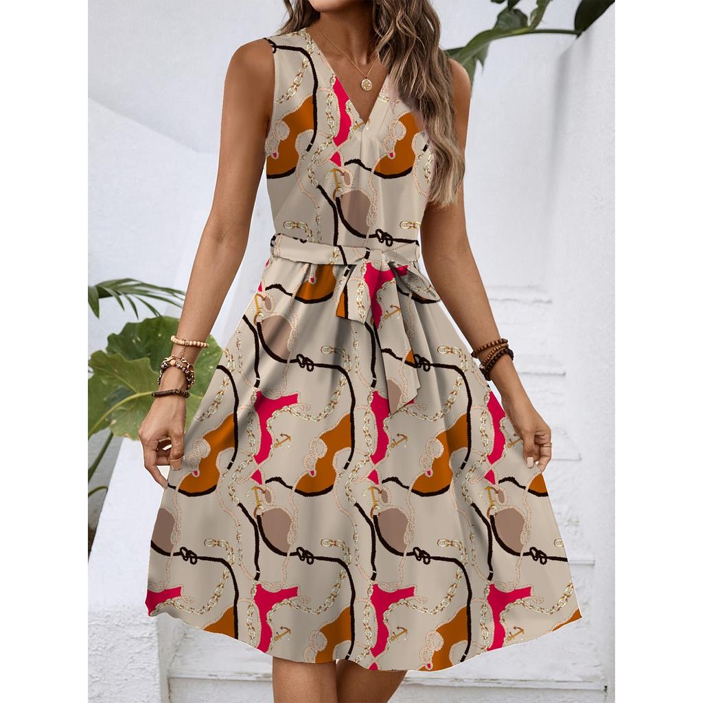 Kadın İlkbahar Ve Yaz Günlük V Yaka Kolsuz Belden Oturtmalı Çiçek Desenli Midi Elbise