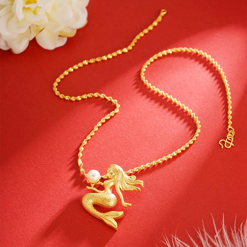 Luxury 24K 9999 Pure Gold Real Gold Women's Mermaid Pendant All-match Necklace Clavicle Chain