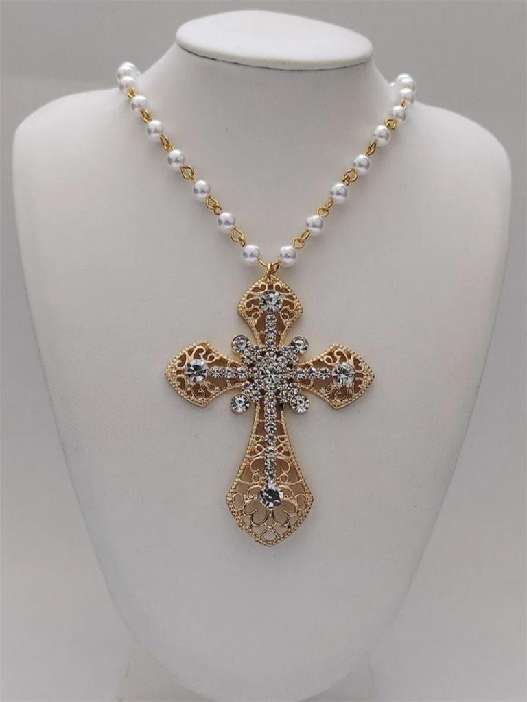 Victorian Gothic Punk Cross Necklace - Large White Pearl Vampire Pendant Diamond Jewelry