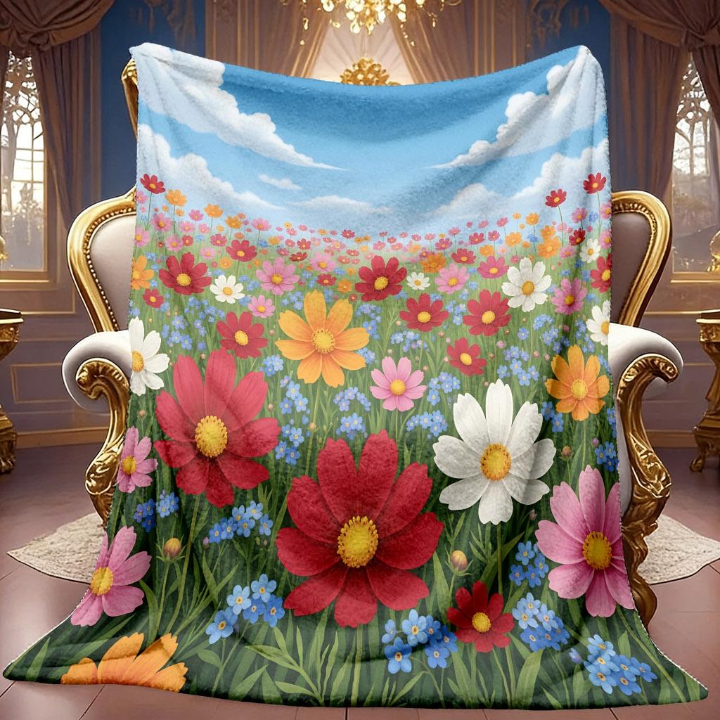 1pc 2D Floral Meadow Blue Sky White Clouds Theme Pattern Flannel Blanket, Soft HD Digital Print, Cooling Blanket All Year Round! Soft And Breathable 1