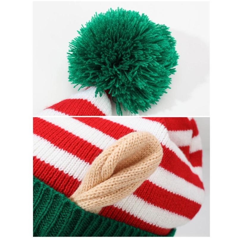 Knitted Acrylic Christmas Hats striped With Ear Top Winter Outdoor Wool Ball Daily Wear