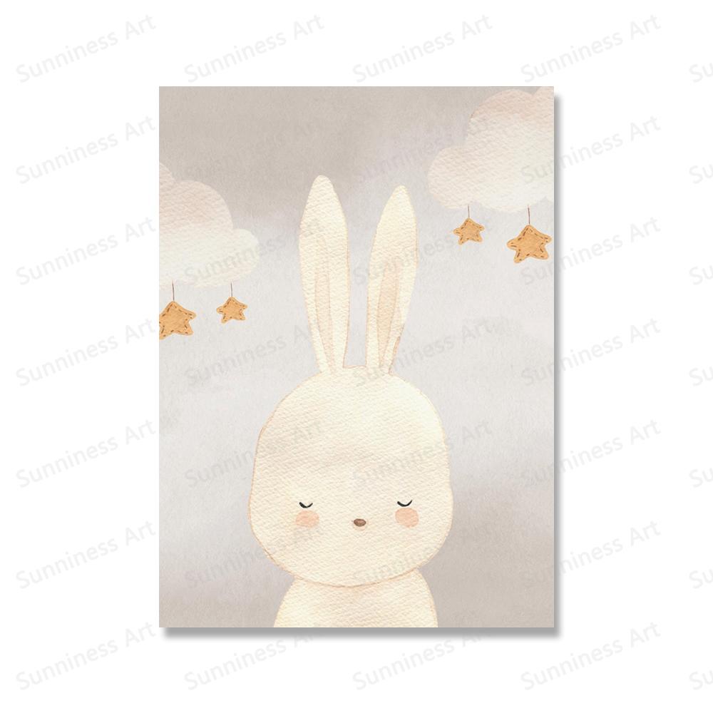 Boho Rainbow Bunny Wall Art Canvas Painting Nordic Poster Art Prints Cactus Rabbits Pictures for Girls Room Childrens Room Decor