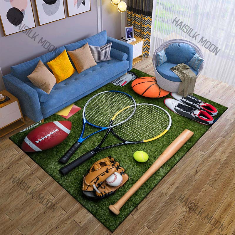 Verschiedene Sportgeräte Display Druck Teppich Teppich für Wohnzimmer Schlafzimmer Sofa Fußmatte Heimdekoration Rutschfeste Bodenmatte