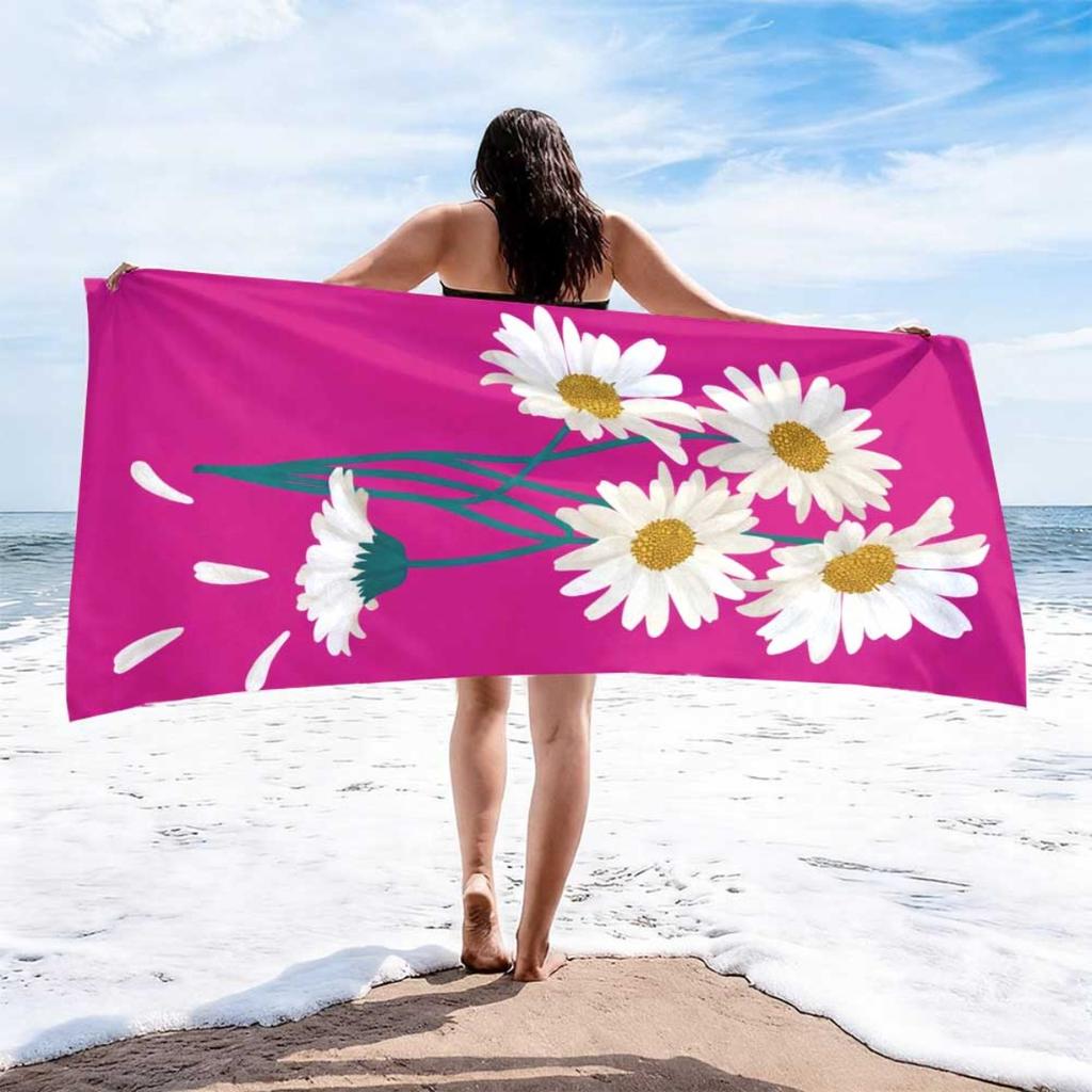 Bright Daisy Beach Towel White Flower Print Hot Pink Background Fun Design For Poolside Relaxation Or Sunbathing Session
