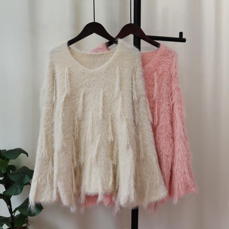 Imitation mink velvet fringed design sweater pullover women's autumn and winter new loose soft waxy knitted sweater top