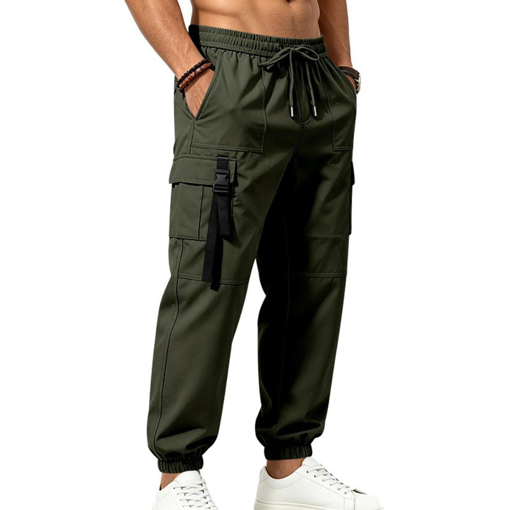 Men's Outdoor Commuter High Street Multi Pocket Cargo Pants Elastic Waist Drawstring Jogger Trousers Casual Workwear