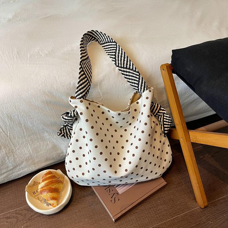Polka Dot Corduroy Shoulder Bag Casual Hobo Tote with Striped Strap Large Capacity Handbag