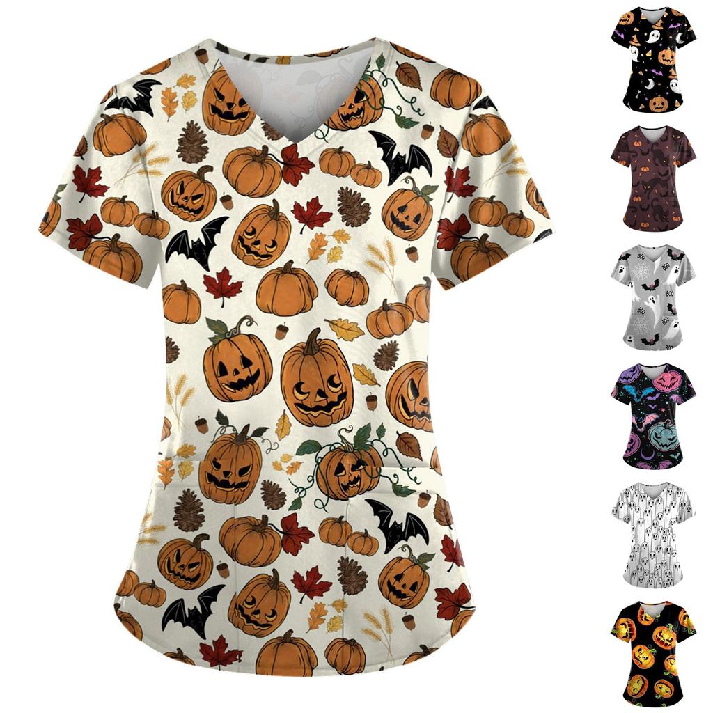 Women's Fashion Halloween Printed Short Sleeve V-neck Tops Working Pocket Blouse