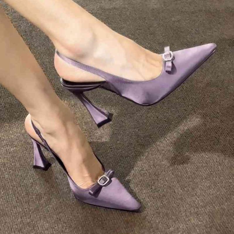 Wine Red High Heels Women's 2025 New Style Rhinestone Butterfly Knot Pointed Toe Versatile Hollow Head Sandals PU Leather Rubber