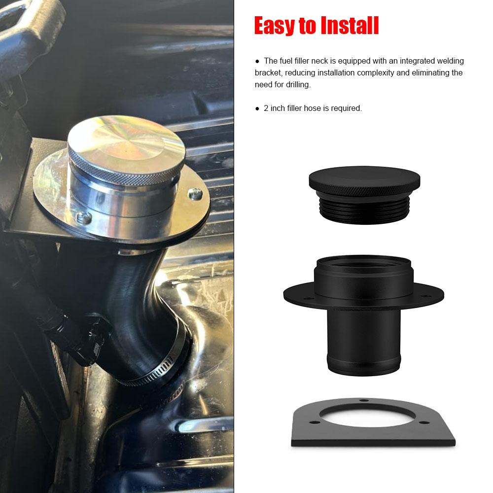 For 2" Hose Connection 17-2530 Remote Fuel Tank Filler Neck With Billet Aluminum Gas Cap & Weld-On Steel Mount Bracket