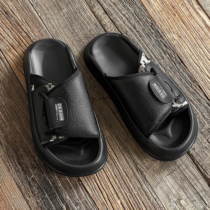 

Summer new outer slippers leather high-end outdoor casual non-slip and wear-resistant one-word sandals 38 чёрный