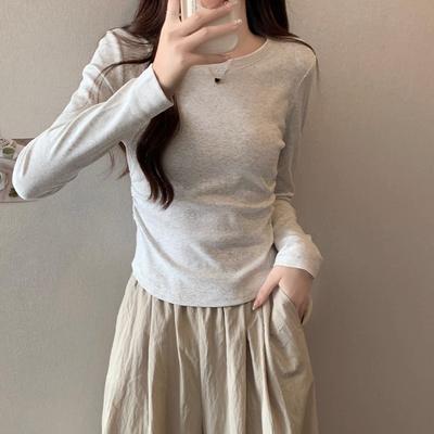 Gray Slim-fit Long-sleeved Soft Waxy Mask T-shirt for Women In Early Autumn New Style with Solid Color Pleated Slim Design Top