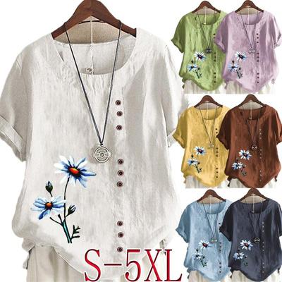 Sommer Casual Blumendruck Lose T-shirts Vintage Baumwolle und Leinen Oansatz Plus Größe Kurzarm Bluse Tops Für Frauen S-5XL