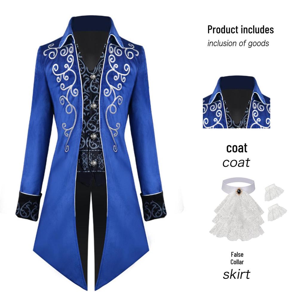 Men's Silver-Edged Medieval Tailcoat Costume, Retro Mid-Length Style