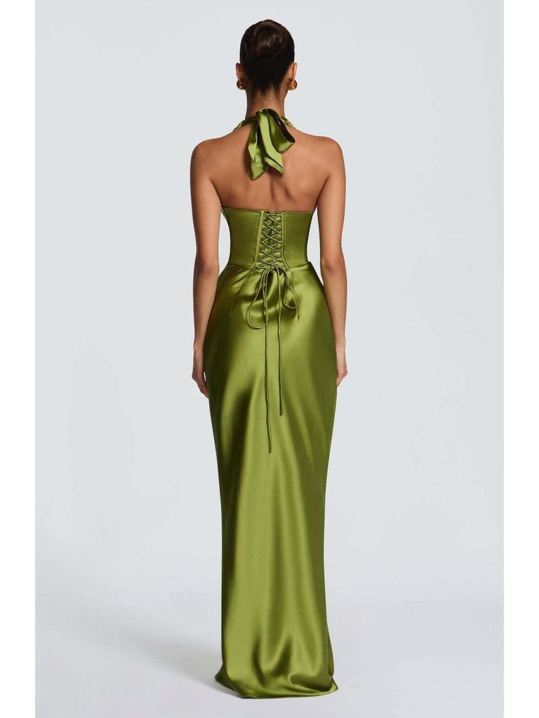 2026 Spring Festival: New Halter Deep V-Neck Pleated Off-the-Shoulder Long Dress in European and American Styles