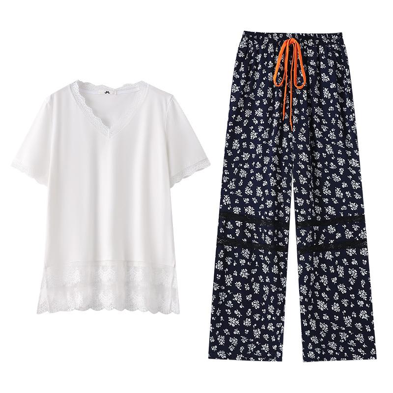 

Женская футболка с короткими рукавами и кружевной отделкой большого размера и повседневные брюки с цветочным принтом, комплект из двух предметов для лета, новый стиль 5XL