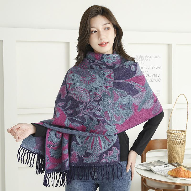 Ethnic Style Scarf for Women Winter High End Imitation Cashmere Scarf Versatile Ladies Shawl Tassel Retro Jacquard Scarf