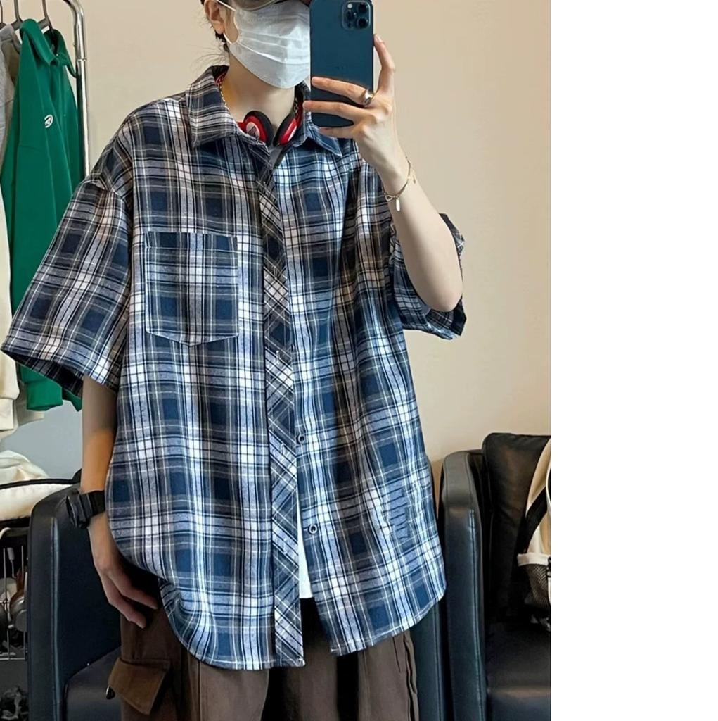 Japanese Plaid Shirt Men's Short-sleeved Spring and Autumn All-match Youth Casual Loose Tooling Shirt Jacket