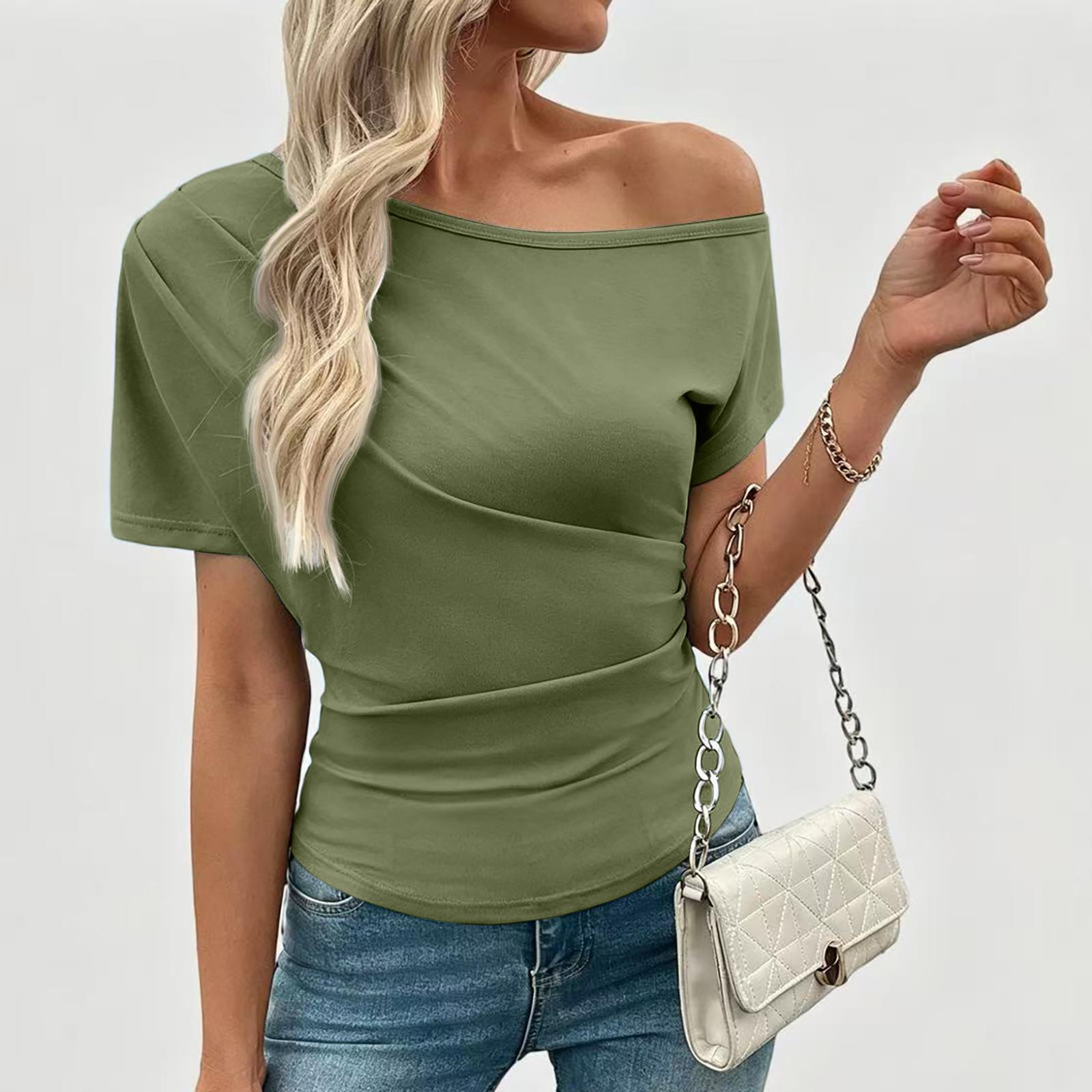 

Women s Solid Color Asymmetric Neck Short Sleeve T-Shirt Top Casual Slim Fit Stretch Fabric Lightweight Summer Tee M