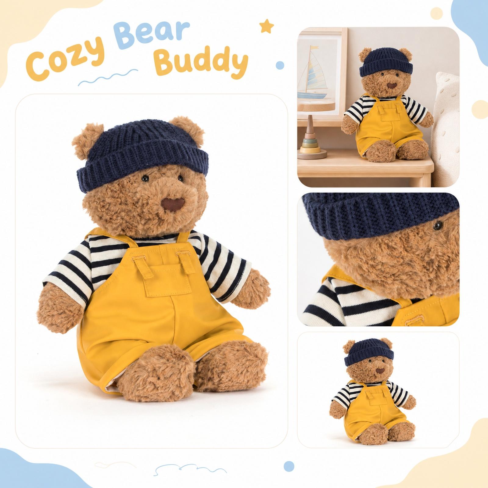22cm Plush Stuffed Bear Toy Soft Fabric Sitting Teddy Bear with Knit Hat and Overalls for Kids and Collectors One Size